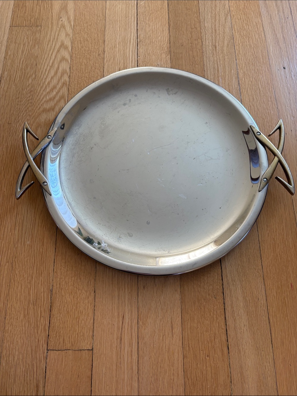 Vintage KROMEX Round Butler Stainless Steel Serving Tray with Brass Handles